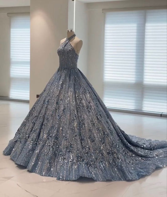Blue shiny fashion exquisite beaded suspender long elegant tulle ball gown evening dress gh3349