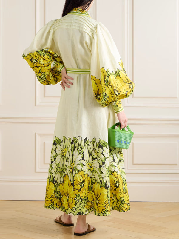 Belted Floral-print Linen Maxi Shirt Dress