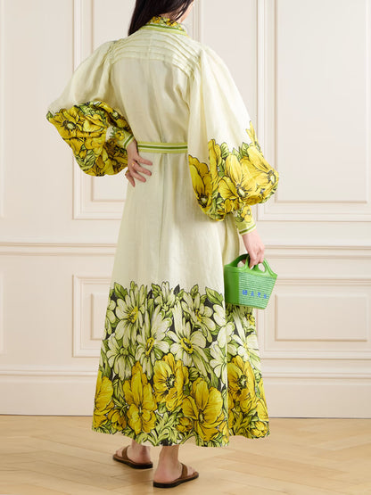 Belted Floral-print Linen Maxi Shirt Dress