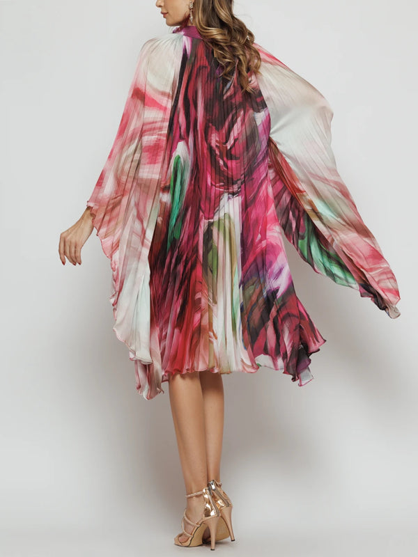 Pleated Elegant Chiffon Color Matching Ladies Dress