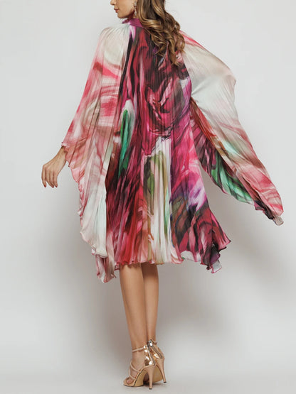 Pleated Elegant Chiffon Color Matching Ladies Dress