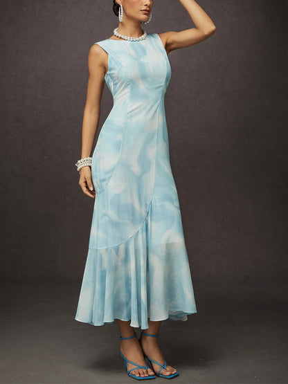 Light Blue Round Neck Sleeveless Midi Dress