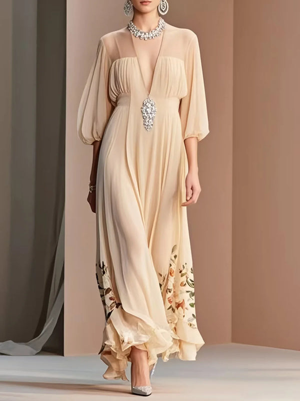 Apricot Print Draping Chiffon Dresses Bracelet Sleeve