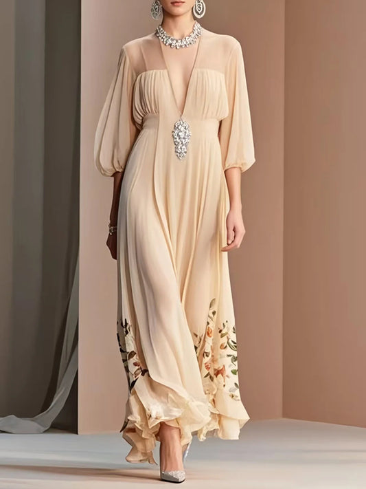 Apricot Print Draping Chiffon Dresses Bracelet Sleeve