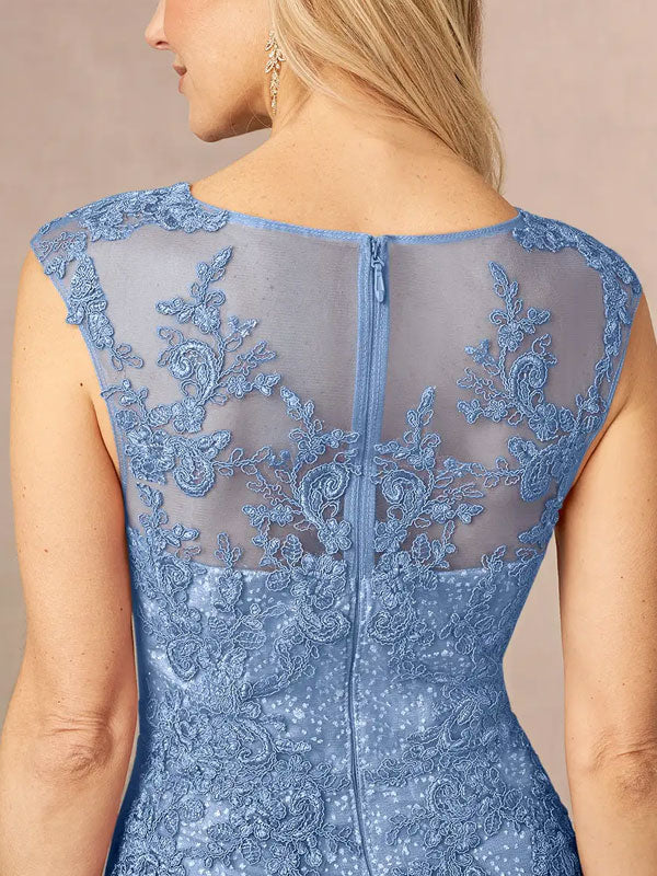 A-Line Boatneck Lace Tulle Tea-Length Dress