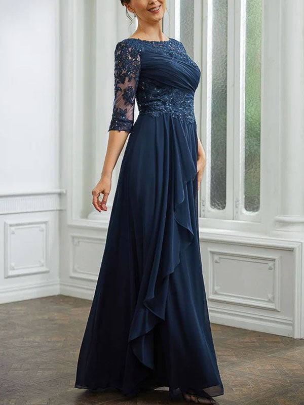 Applique Bateau 3/4 Sleeves Floor-Length Women's Dress