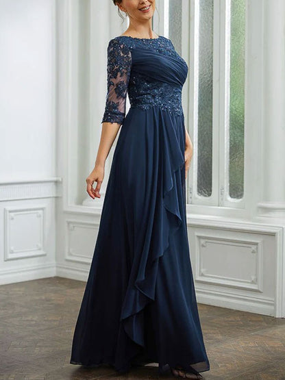 Applique Bateau 3/4 Sleeves Floor-Length Women's Dress