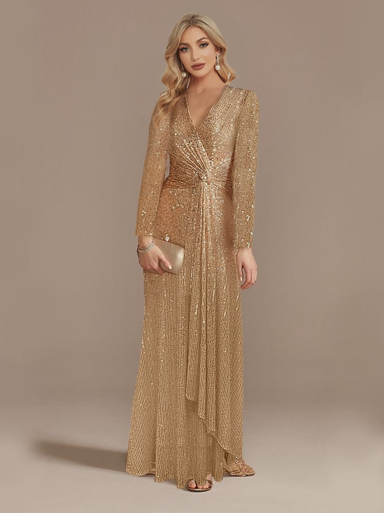 loveedsTM- Luxury Long Sleeve V-Neck Evening Dress Party Women Wedding Sequins For Female Guests Blue Prom Cocktail Dresses
