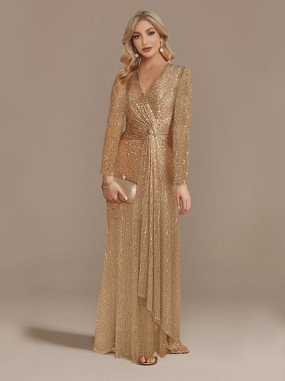 loveedsTM- Luxury Long Sleeve V-Neck Evening Dress Party Women Wedding Sequins For Female Guests Blue Prom Cocktail Dresses
