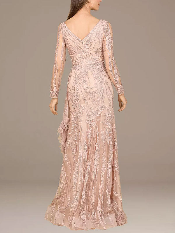 Embroidered V-Neck Dress with Feathers