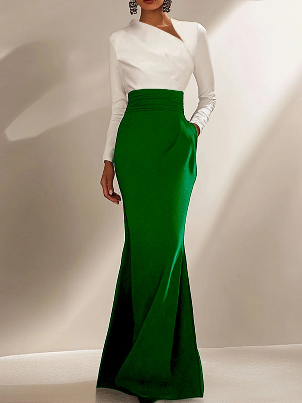 Evening Formal Elegant Dress Long Sleeve Black White Maxi Dress