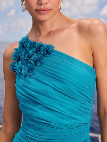 Blue Flower Trim One Shoulder Chiffon Maxi Dress