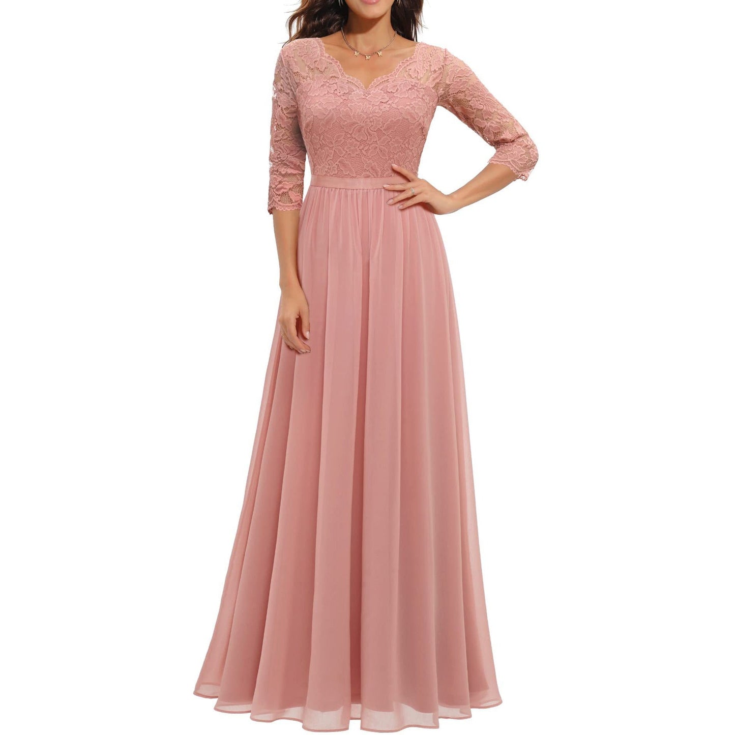 loveedsTM- Women&#39;s Elegant Vintage V Neck 3/4 Sleeve Floral Lace Chiffon Wedding Bridesmaid Maxi Dress Long Formal Dresses