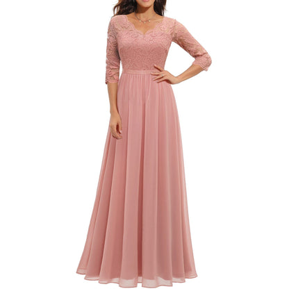 loveedsTM- Women&#39;s Elegant Vintage V Neck 3/4 Sleeve Floral Lace Chiffon Wedding Bridesmaid Maxi Dress Long Formal Dresses