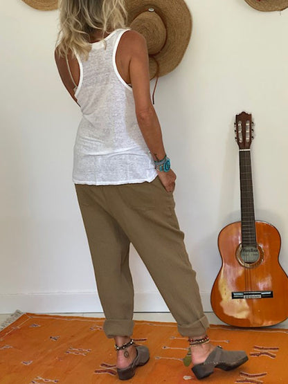 Cotton Linen Casual Elastic Waist Ladies Pants