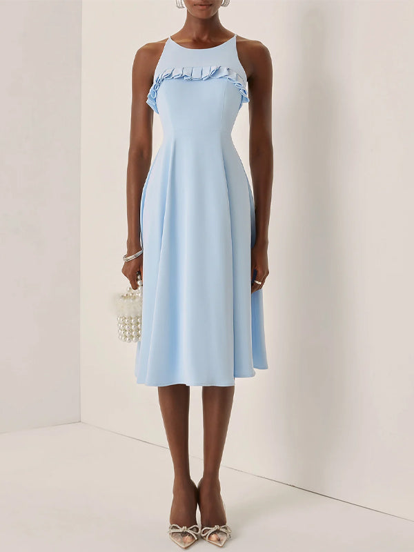 Light Blue Peplum Classic Spaghetti Sleeveless A-Line Midi Dress