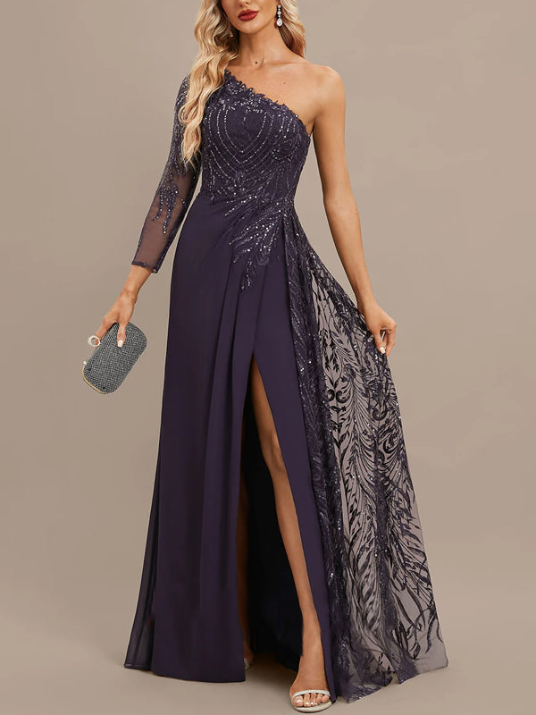 Sheath/Column One Shoulder Floor-Length Lace Chiffon Sequin Evening Dress