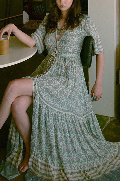 loveedsTM-Print V Neck Short Sleeve Maxi Dress