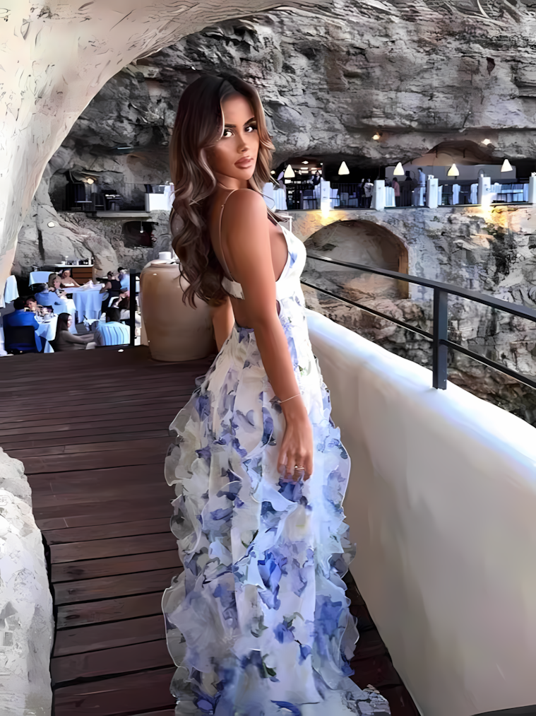 loveedsTM-Sexy Not Positioning Printed Flowers Patchwork Flounce V Neck Sling Dresses