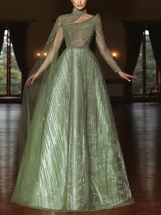 Sequined Mesh Long Sleeves Maxi Dress