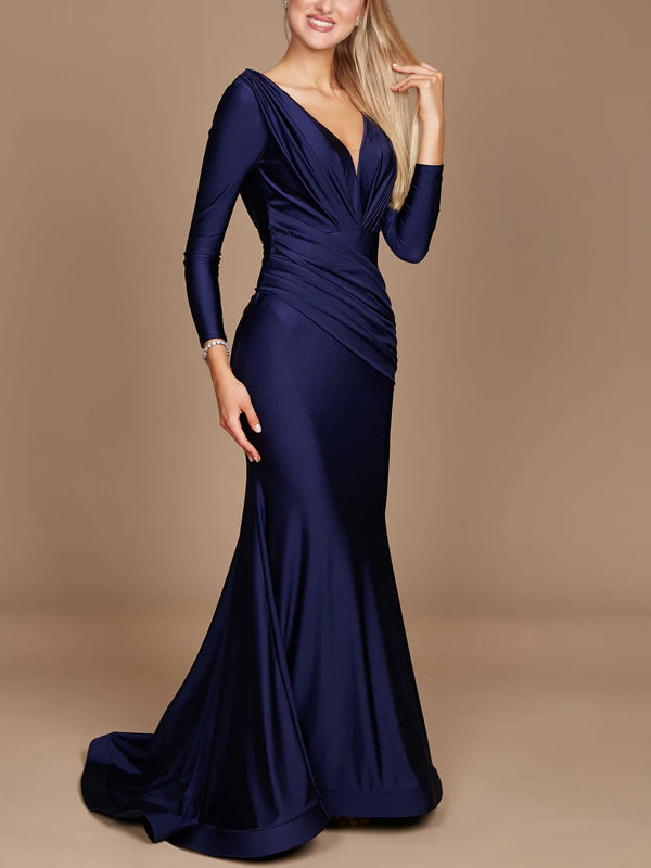 V-neck Solid Color Long Sleeves Maxi Dress