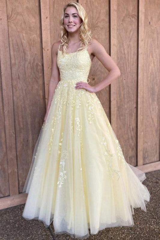 Yellow lace long prom dress A line evening dress KS1746
