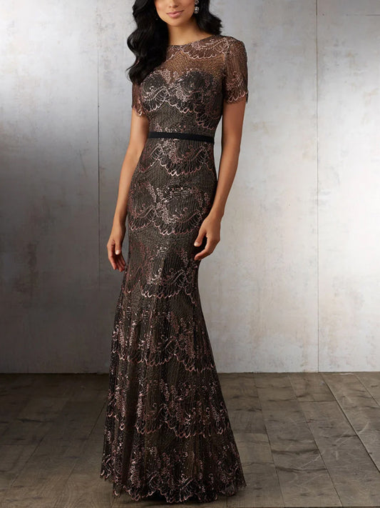 Round Neck Lace Solid Color Maxi Dress