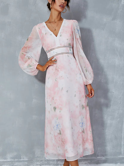 Floral Print V-Neck A-line Chiffon Midi Dress