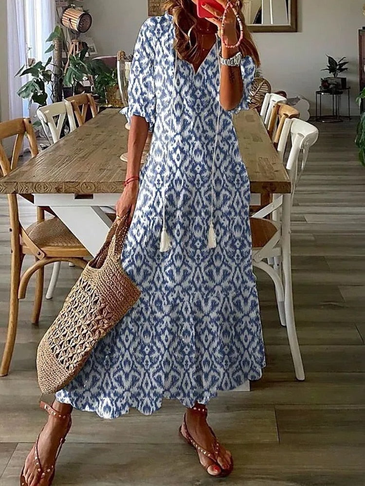 loveedsTM-Summer Fashion Floral Print Holiday Long Dress Casual Loose Drawstring Half Sleeve Dress Women V Neck Chic Ruffled Boho Dresses