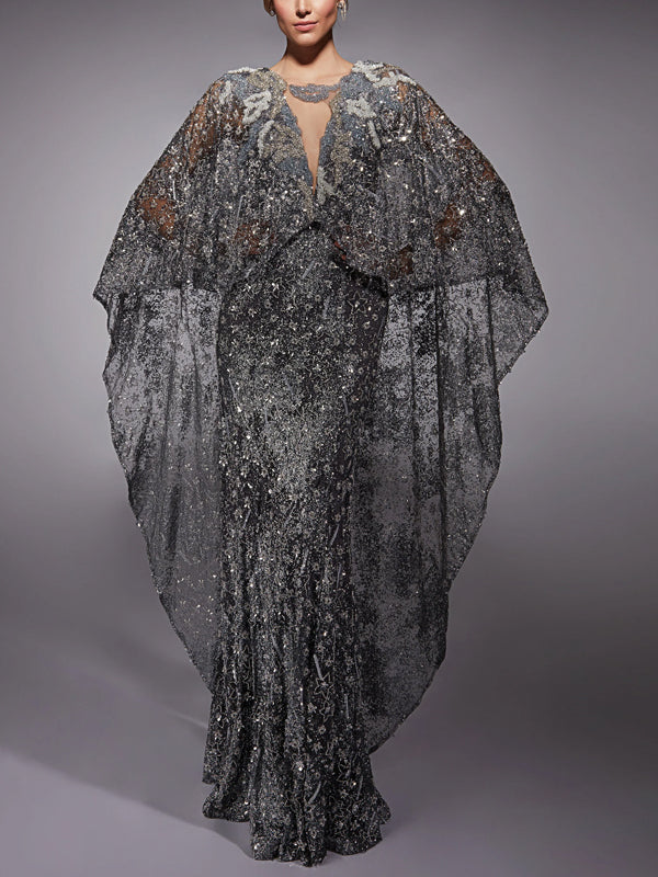 Solid Color Mesh Sequin Lace Maxi Dress