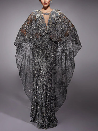 Solid Color Mesh Sequin Lace Maxi Dress