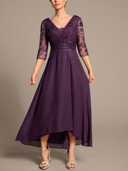V-neck Chiffon Lace Solid Color Midi Dress