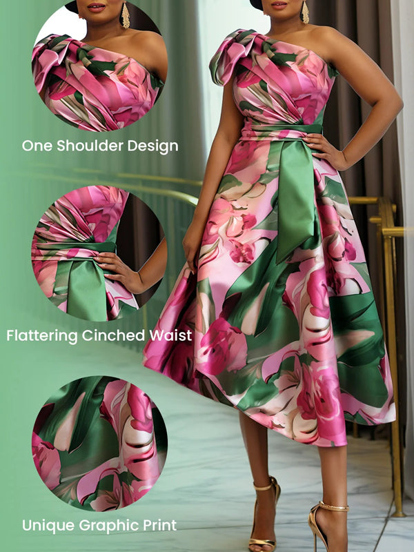 Floral Spring Summer One Shoulder Satin Midi Dress
