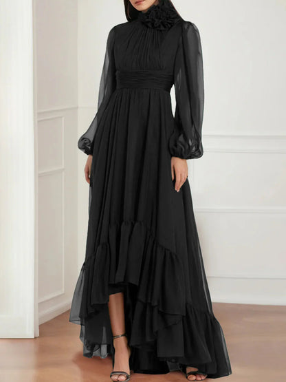 A-Line/Princess Jewel Neck Long Sleeves Asymmetrical Mother of the Bride Dresses with Flower & Ruffles