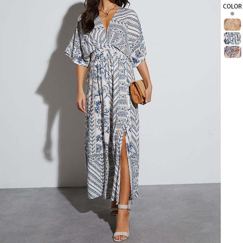 loveedsTM-Spring and summer printed long short-sleeved printed V-neck dress
