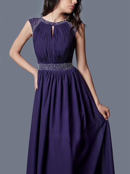 Round Neck Sleeveless Solid Color Sequins Maxi Dress