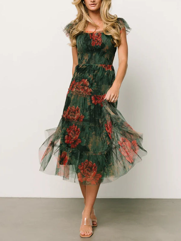 Slim Fit Simple Printed Mesh Maxi Dress