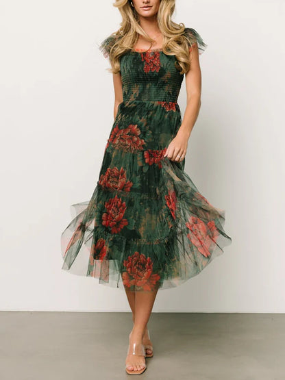 Slim Fit Simple Printed Mesh Maxi Dress