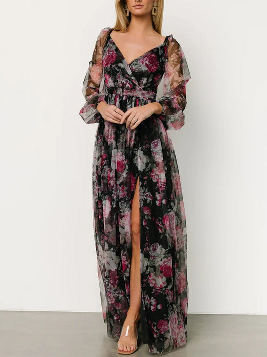 Temperament Split Mesh Printing Maxi Dress