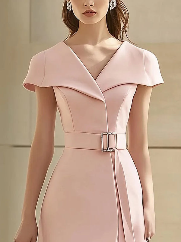 Elegant Pink Midi Dress with Unique Collar Design and Waist Belt