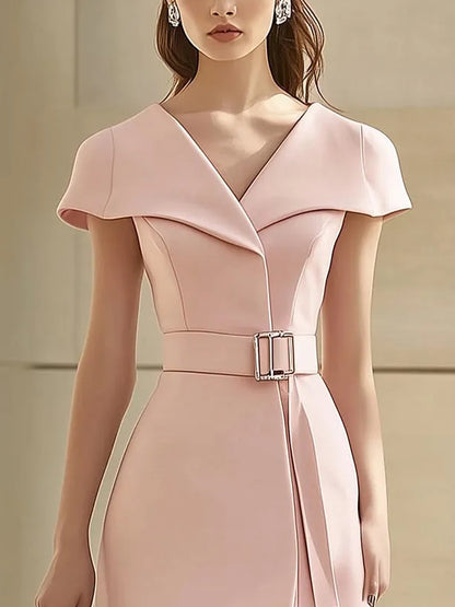 Elegant Pink Midi Dress with Unique Collar Design and Waist Belt