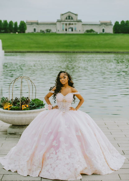Princess Pink Ball Gown Off the Shoulder Appliques Tulle 16th Birthday Dress Prom Dress SH3842