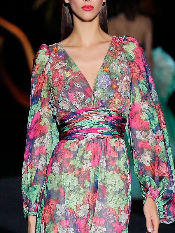 V-neck Waist Temperament Floral Women's Dress
