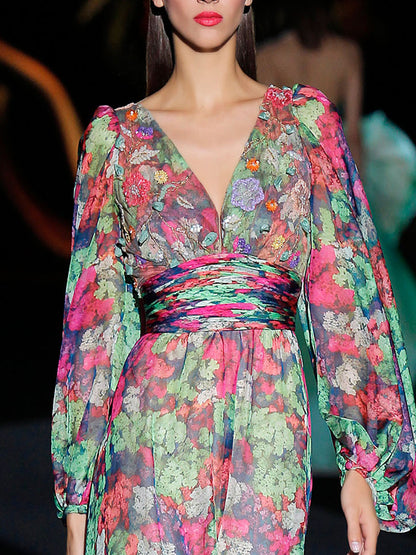 V-neck Waist Temperament Floral Women's Dress