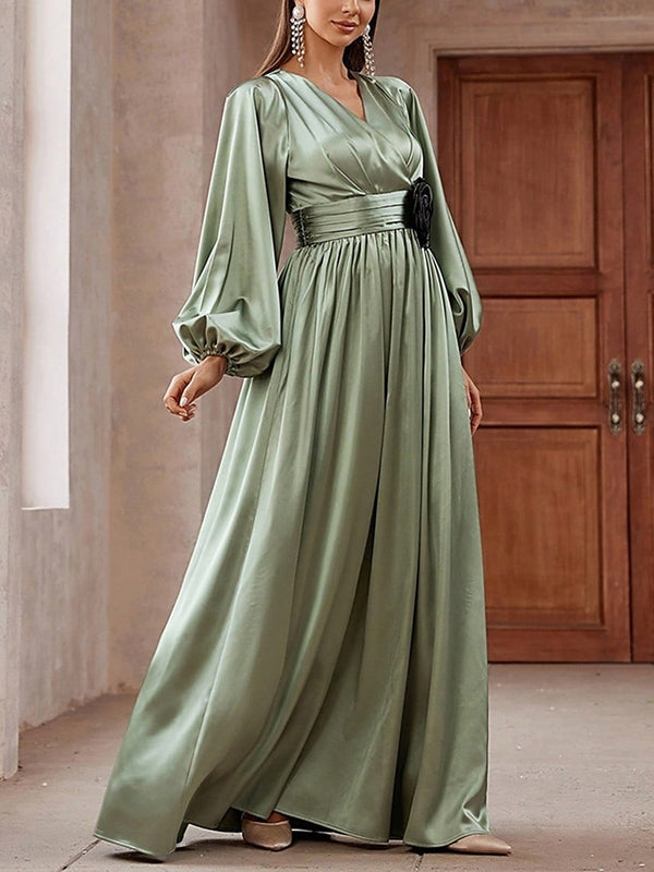 Satin Waist Floral Elegant Women's Dress