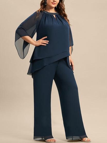 Chiffon Mother Sequin Top Trousers Suit