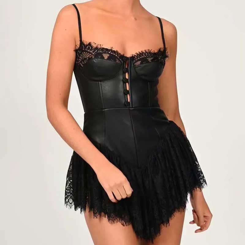 loveedsTM-Sexy black Lace Corset bodice Spaghetti Strap Mini Dress Women Backless Party Skater dress new hot women dress