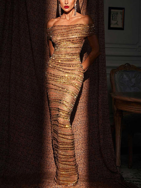 Strap Top Sequined Mesh Maxi Dress