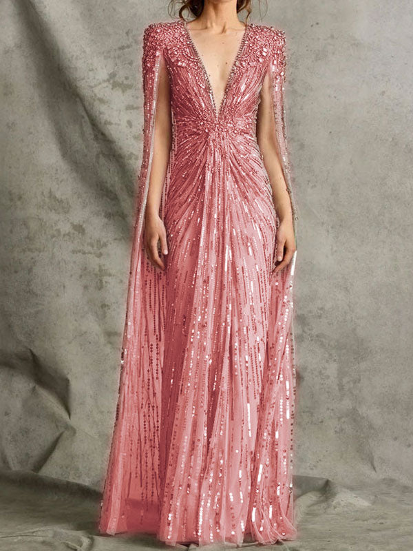 Deep V Beading Cape Sleeve Dress