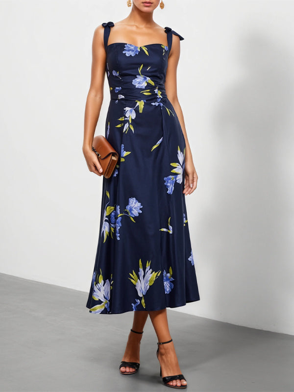 Purplish blue Bow Floral Classic Spaghetti Gallus A-Line Midi Dress